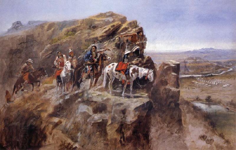Charles M Russell Indians on a Bluff Surverying General Miles-Troops oil painting picture
